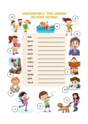English Worksheet: Unscramble the Words (Action Verbs)