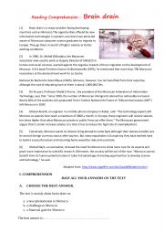 English Worksheet: Reading Comprehension ( Brain drain) language mastery and writing