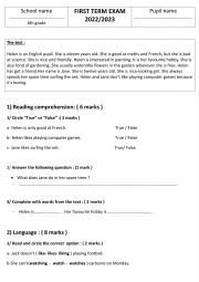 English Worksheet: FIRST TERM EXAM (6th grade)