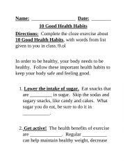 English Worksheet: Good Health Habits Cloze Exercise