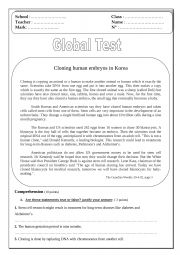 English Worksheet: Global test : Human cloning worksheets 