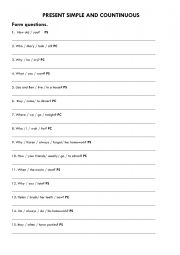 English Worksheet: Present Simple and Present Continuous form questions