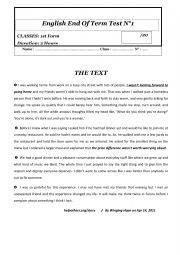 English Worksheet: READING COMPREHENSION FOR END OF TERM TEST1