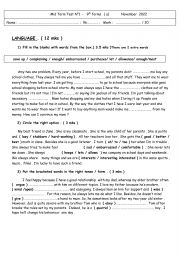 English Worksheet: mid term test  9th form 
