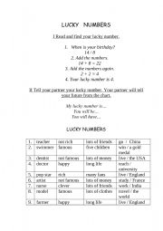 English Worksheet: LUCKY NUMBERS - FUTURE SIMPLE