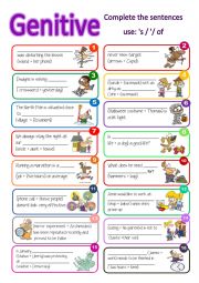 English Worksheet: Genitive - Apostrophy s + of constructions