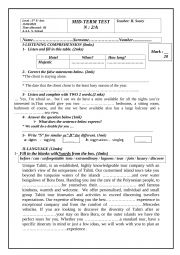 English Worksheet: Mid -term test 2 for 3rd formers Arts