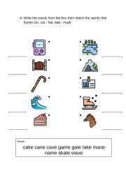 English Worksheet: Long A Rhyming Words Write and Match