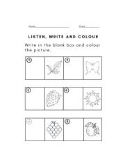 English Worksheet: Listen, write and colour