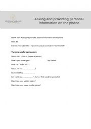 English Worksheet: Asking and providing personal information on the phone
