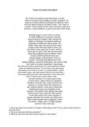 English Worksheet: Tower on London Fact Sheet