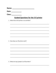 English Worksheet: Guided Questions for 3D Printing