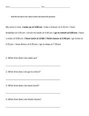 English Worksheet: Daily routines reading comprehension beginners