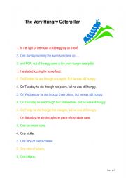 English Worksheet: The very hungry caterpillar - reading by colour