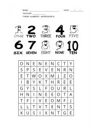 English Worksheet: NUMBERS 1-10 - WORDSEARCH