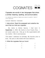 English Worksheet: Cognates -Intermediate Level- ESL Activity