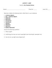 English Worksheet: Light