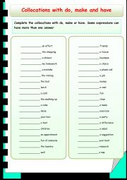 English Worksheet: Collocations with do, make and have