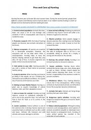 English worksheet: Pros and Cons of Hunting 