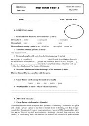 English Worksheet: MID TERM 2 TEST 3RD FORM