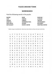 English Worksheet: Wordsearch - Places around Town