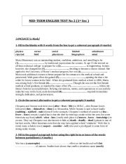 English Worksheet: Mid-term Test 2 First Form Secondary