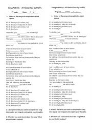 English Worksheet: Simple Past - Blank Filling Activity (McFly - All About You)