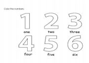 English Worksheet: Color the numbers 1 to 6