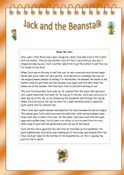 English Worksheet: Jack and the Beanstalk Reading comprehension