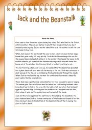 Jack and the Beanstalk Reading comprehension