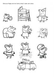 Peppa Pig colouring handout: Present Continous activities