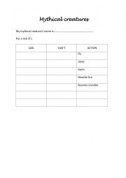 English Worksheet: My Mythical creature can/can�t (action) worksheet