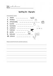 English Worksheet: Spelling List - Digraphs
