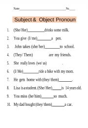 English Worksheet: Subject and object pronouns