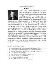 English Worksheet: STEPHEN KING�S LIFE 