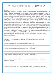 English Worksheet: The novel coronavirus disease (COVID-19)