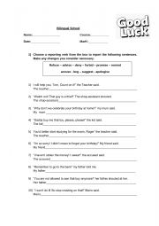 English Worksheet: Reported Speech, reporting verbs test
