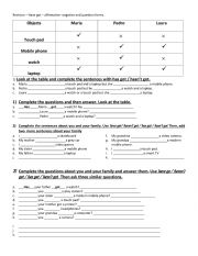English Worksheet: revision Have got affirmative- negative and question forms