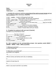 English Worksheet: FINAL TEST ENGLISH PRE INTERMEDIATE TEST