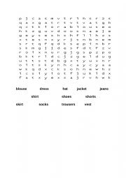 English Worksheet: Clothing word search