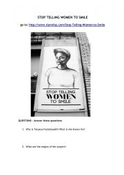 English Worksheet: STOP TELLING WOMEN TO SMILE