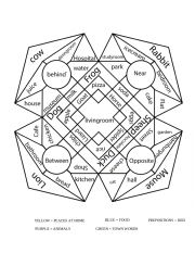 English Worksheet: Animals, Prepositions, Town Coloring Review