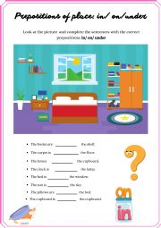 English Worksheet: Prepositions of place: in / on / under