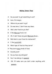 English Worksheet: Making Dinner Plans Dialogue