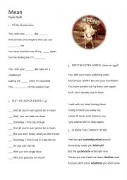 Mean by Taylor Swift song worksheet