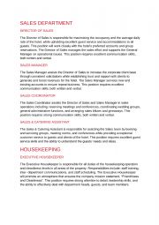 English Worksheet: Hotel jobs reading activity (sales and housekeeping departments)