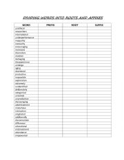 English Worksheet: DIVIDING WORDS INTO ROOTS AND AFFIXES