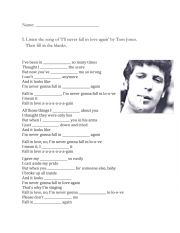 English Worksheet: I�ll never fall in love again