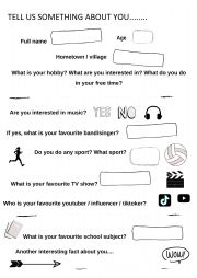 English Worksheet: Tell us something about you