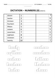 Word Shapes Dictation Worksheet (NUMBERS II)